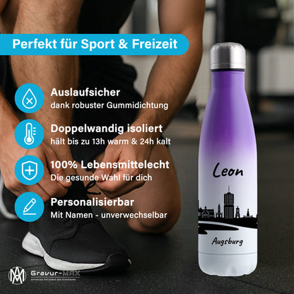 Trinkflasche in Weiß/Violett 500ml aus Edelstahl bedruckt mit der Skyline von Augsburg personalisierbar mit Wunschname