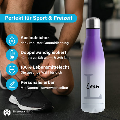 Thermoflasche 500ml aus Edelstahl in Weiß/Violett personalisierbar mit Wunschname auslaufsichere Trinkflasche