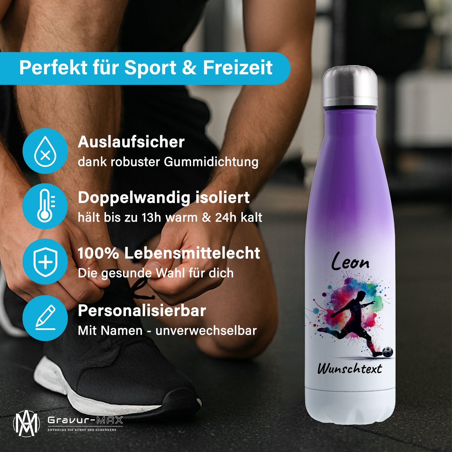 Thermoflasche 500ml in Weiß/Violett aus Edelstahl bedruckt "Fußball" Motiv4 personalisierbar mit Wunschname & Text