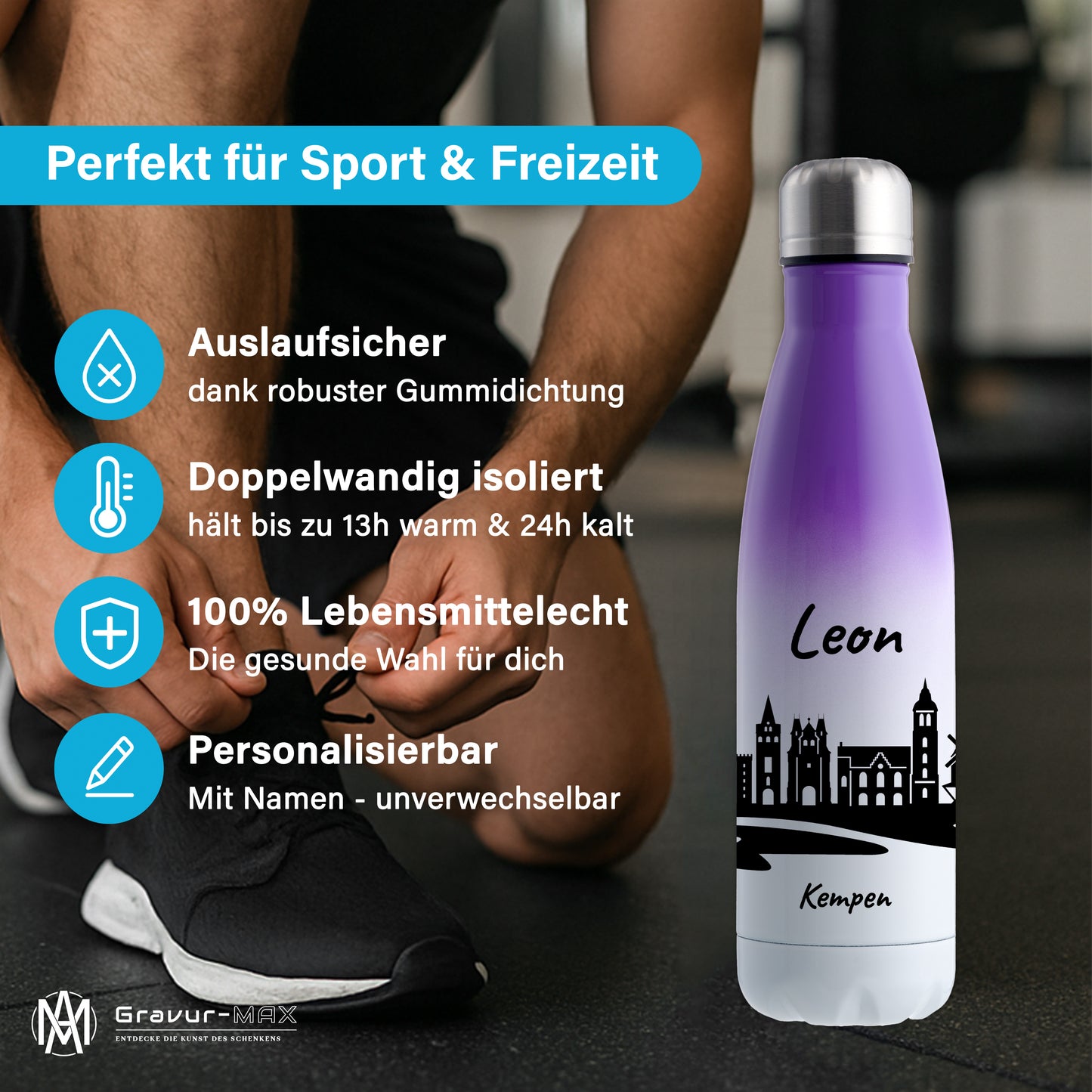 Trinkflasche in Weiß/Violett 500ml aus Edelstahl bedruckt mit der Skyline von Kempen personalisierbar mit Wunschname