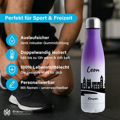Trinkflasche in Weiß/Violett 500ml aus Edelstahl bedruckt mit der Skyline von Kempen personalisierbar mit Wunschname