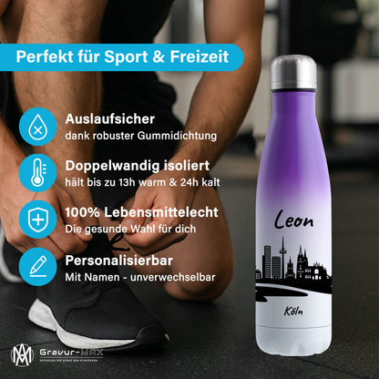 Trinkflasche in Weiß/Violett 500ml aus Edelstahl bedruckt mit der Skyline von Köln personalisierbar mit Wunschname