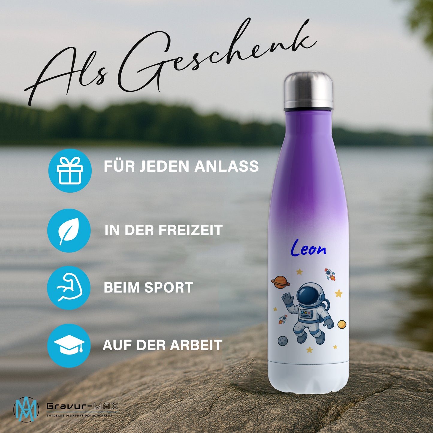 Thermoflasche 500ml in Weiß/Violett bedruckt mit tollen Motiven für Kinder "Astronaut" personalisierbar mit Wunschname