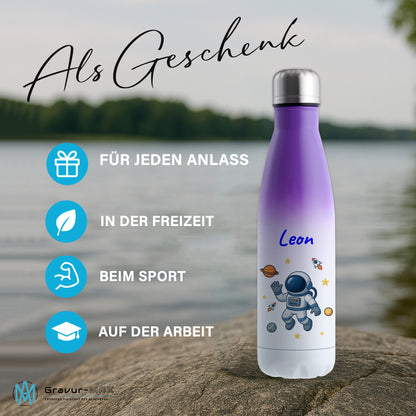 Thermoflasche 500ml in Weiß/Violett bedruckt mit tollen Motiven für Kinder "Astronaut" personalisierbar mit Wunschname
