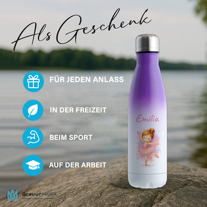 Thermoflasche 500ml in Weiß/Violett bedruckt mit tollen Motiven für Kinder "Ballerina" personalisierbar mit Wunschname
