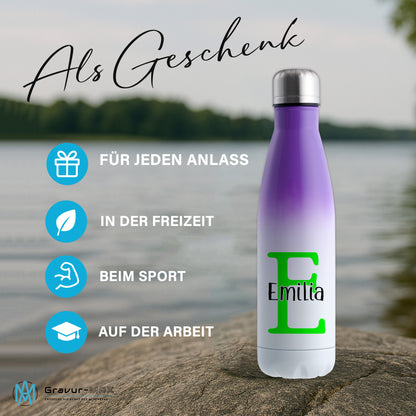 Thermoflasche 500ml aus Edelstahl in Weiß/Violett personalisierbar mit Wunschname auslaufsichere Trinkflasche