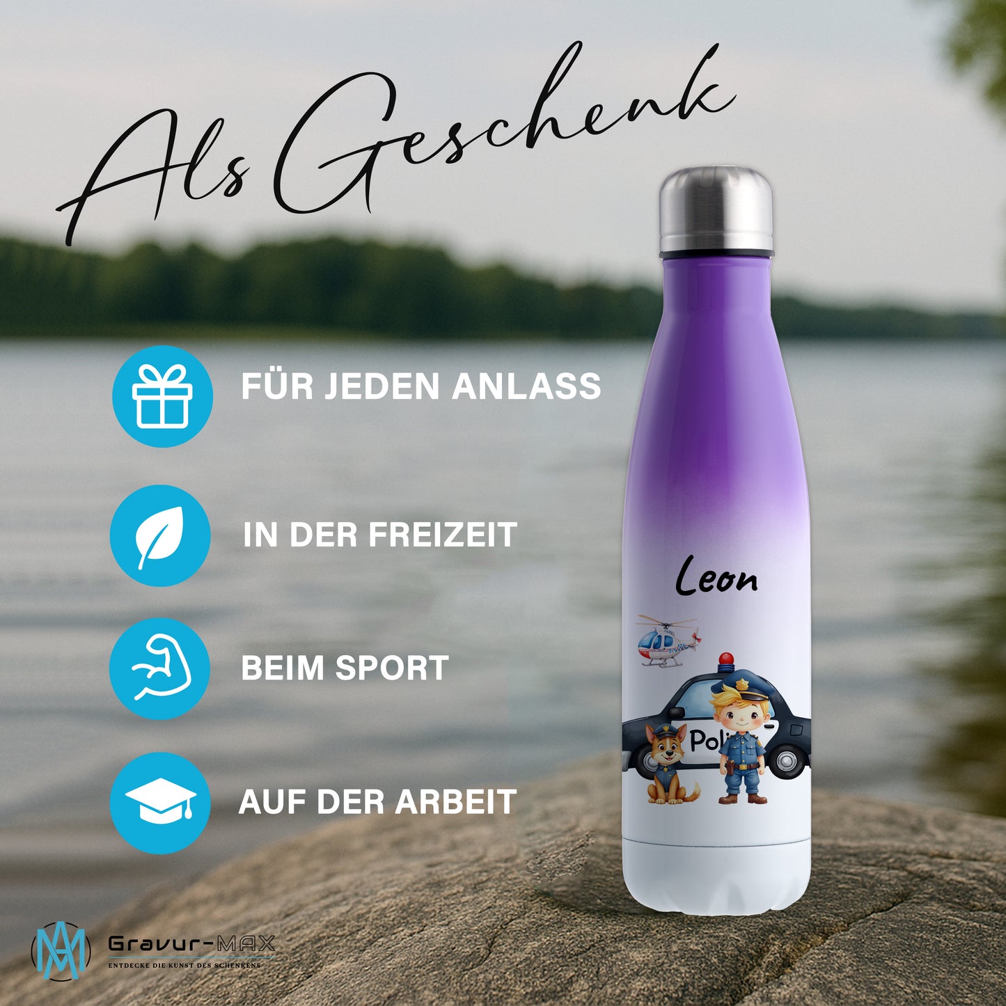 Thermoflasche 500ml in Weiß/Violett bedruckt mit tollen Motiven für Kinder "Polizei" personalisierbar mit Wunschname
