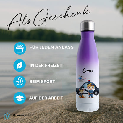 Thermoflasche 500ml in Weiß/Violett bedruckt mit tollen Motiven für Kinder "Polizei" personalisierbar mit Wunschname