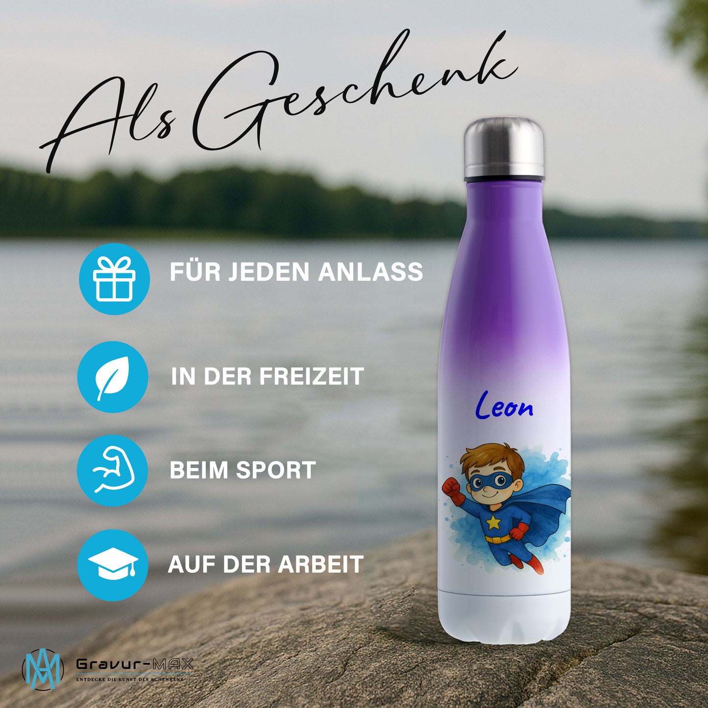 Thermoflasche 500ml in Weiß/Violett bedruckt mit tollen Motiven für Kinder "Superheld" personalisierbar mit Wunschname