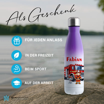 Thermoflasche 500ml in Weiß/Violett bedruckt mit tollen Motiven für Kinder "Feuerwehr" personalisierbar mit Wunschname