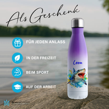 Thermoflasche 500ml in Weiß/Violett bedruckt mit tollen Motiven für Kinder "Hai" personalisierbar mit Wunschname