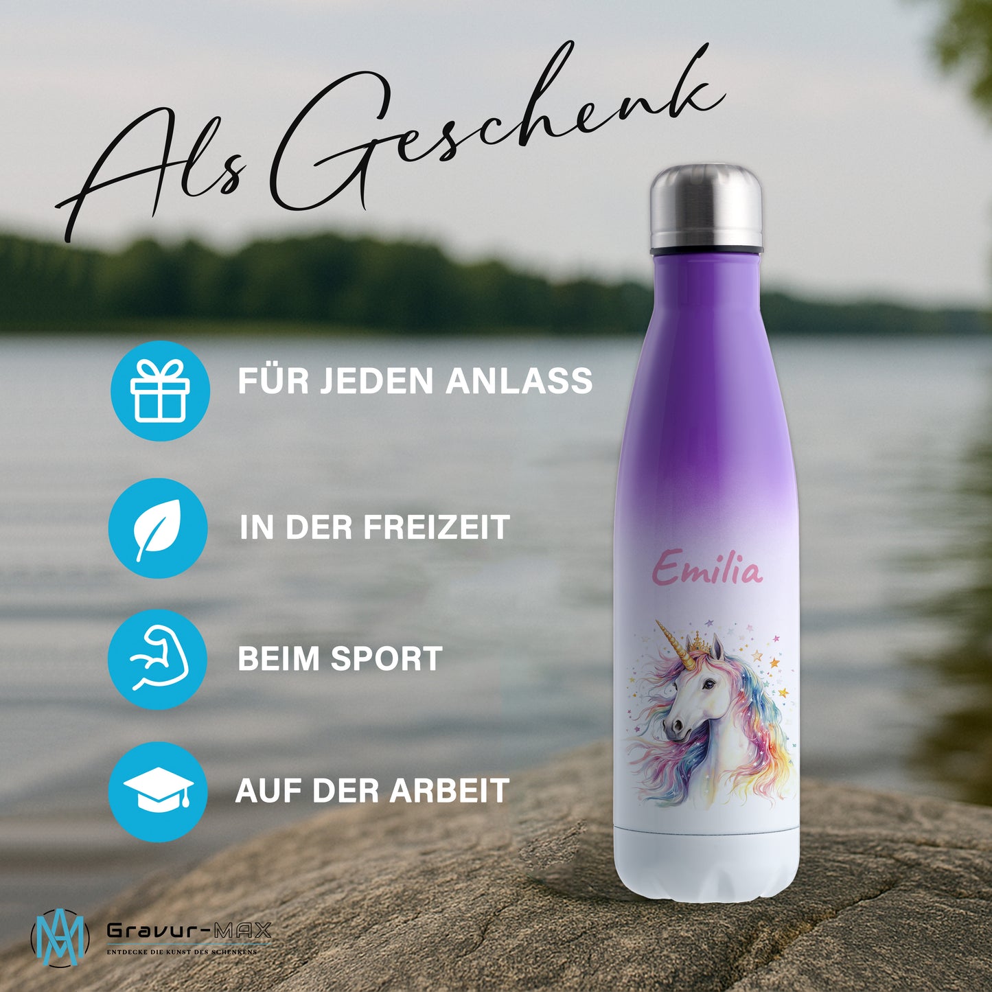 Thermoflasche 500ml in Weiß/Violett bedruckt mit tollen Motiven für Kinder "Einhorn" personalisierbar mit Wunschname