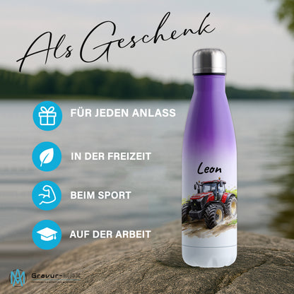 Thermoflasche 500ml in Weiß/Violett bedruckt mit tollen Motiven für Kinder "Traktor" personalisierbar mit Wunschname