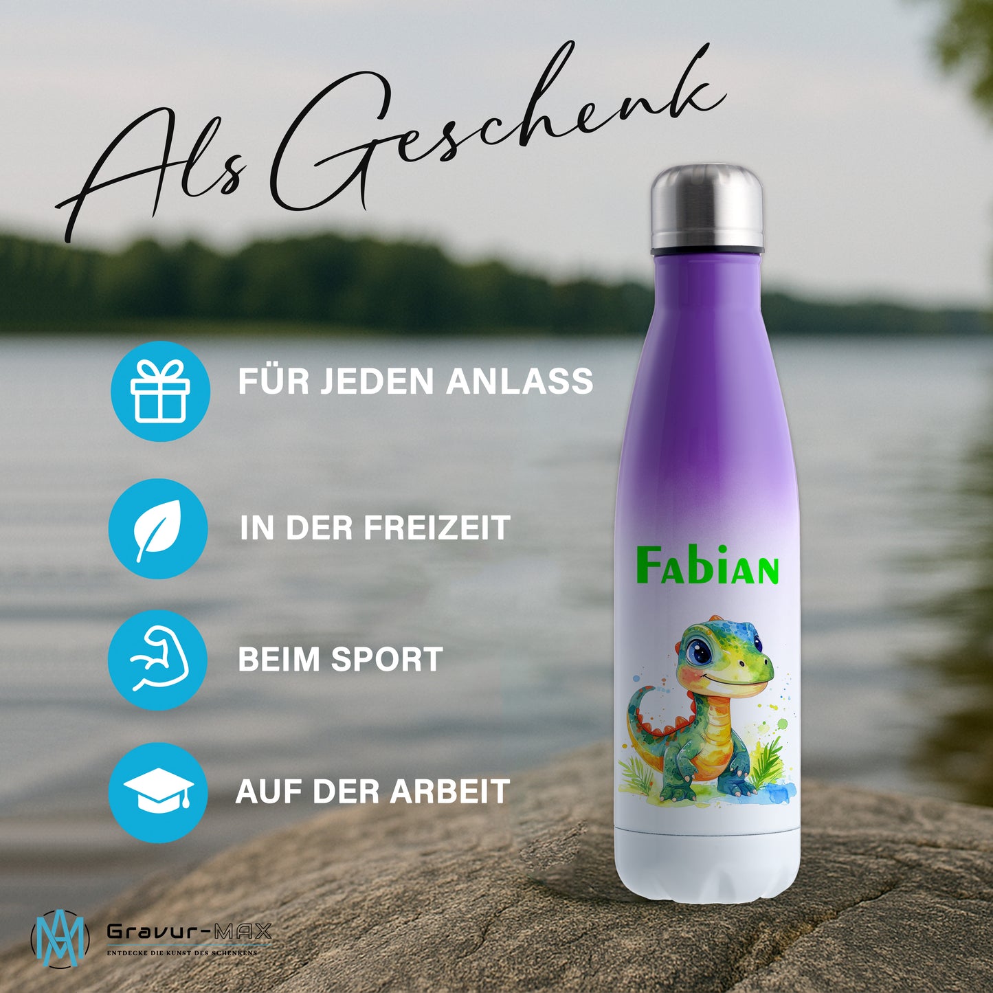 Thermoflasche 500ml in Weiß/Violett bedruckt mit tollen Motiven für Kinder "Dino Kinder" personalisierbar mit Wunschname