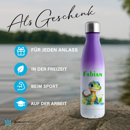 Thermoflasche 500ml in Weiß/Violett bedruckt mit tollen Motiven für Kinder "Dino Kinder" personalisierbar mit Wunschname