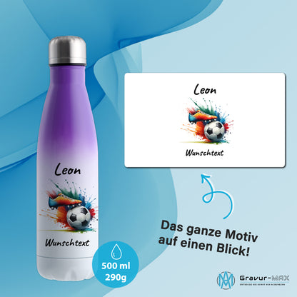 Thermoflasche 500ml in Weiß/Violett aus Edelstahl bedruckt "Fußball" Motiv6 personalisierbar mit Wunschname & Text