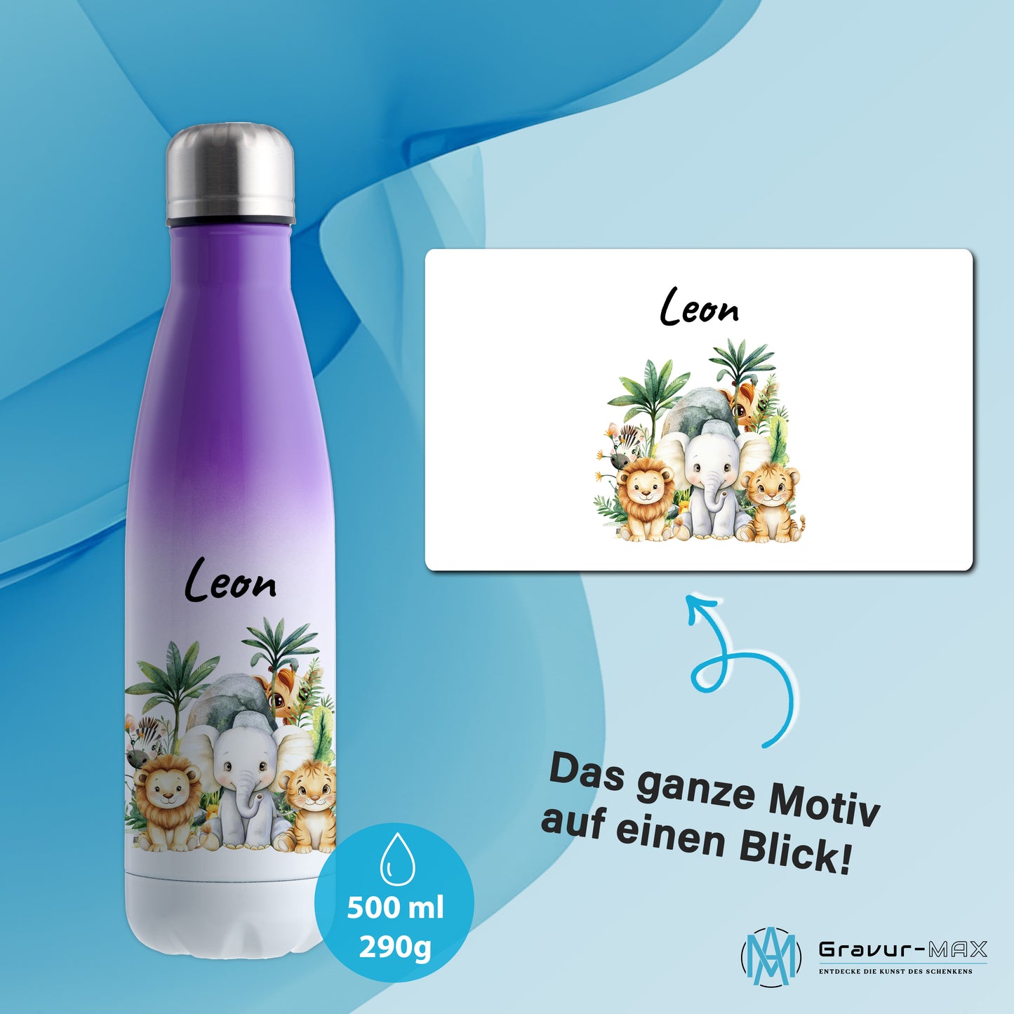 Trinkflasche mit Farbverlauf in Weiß/Violett 500ml aus Edelstahl bedruckt mit Dschungel Tieren"Dschungel Tiere" personalisierbar für Kinder mit Wunschname