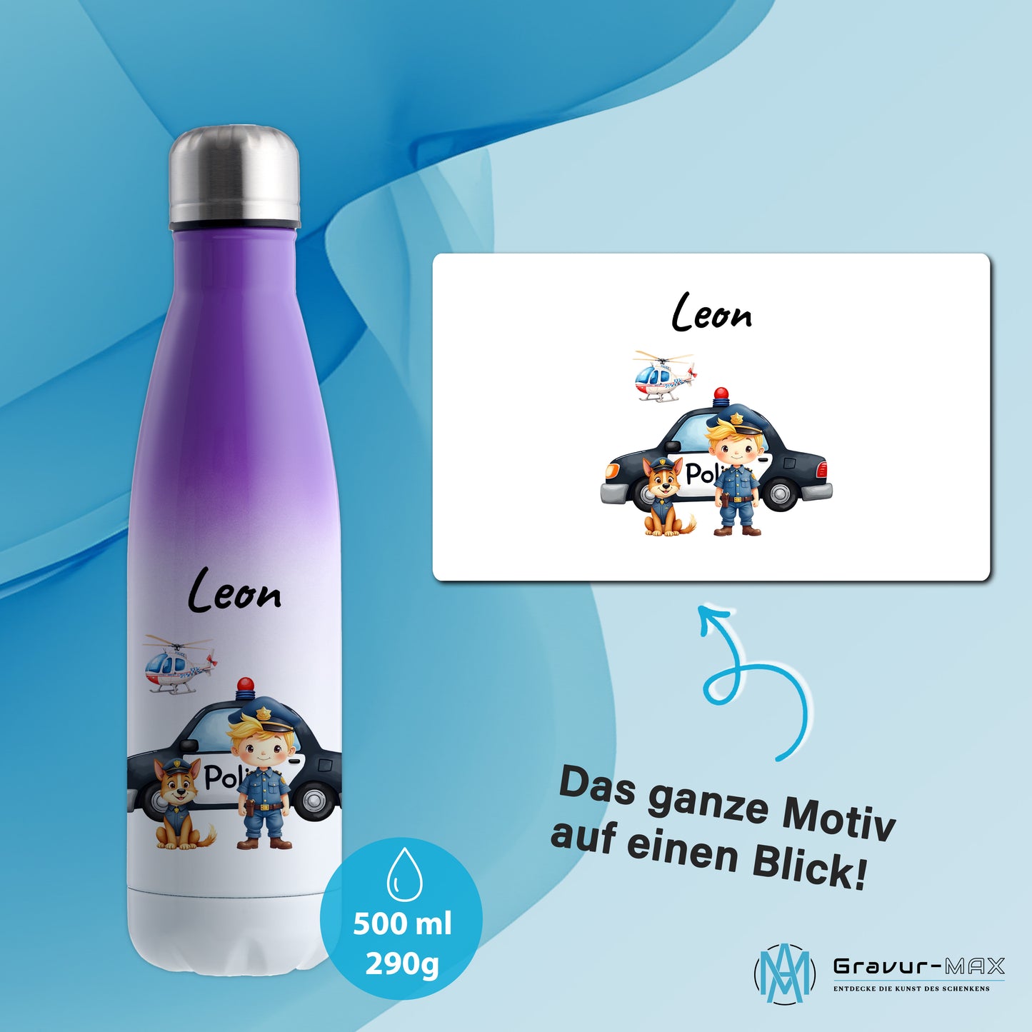 Thermoflasche 500ml in Weiß/Violett bedruckt mit tollen Motiven für Kinder "Polizei" personalisierbar mit Wunschname
