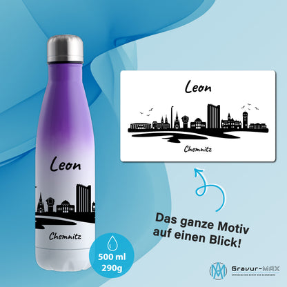 Trinkflasche in Weiß/Violett 500ml aus Edelstahl bedruckt mit der Skyline von Chemnitz personalisierbar mit Wunschname
