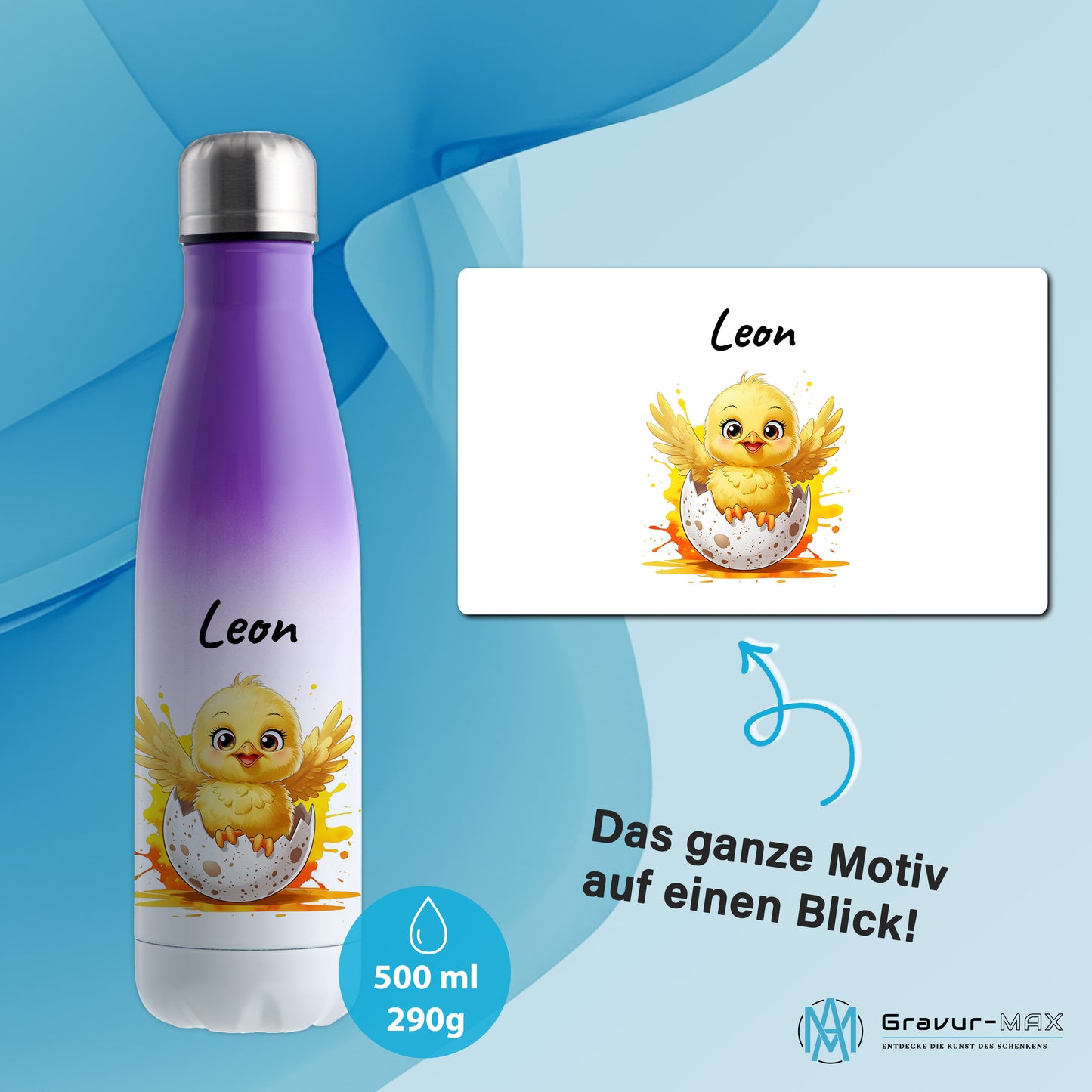 Trinkflasche in Weiß/Violett 500ml aus Edelstahl bedruckt mit niedlichen Tieren "Küken" personalisierbar für Kinder mit Wunschname