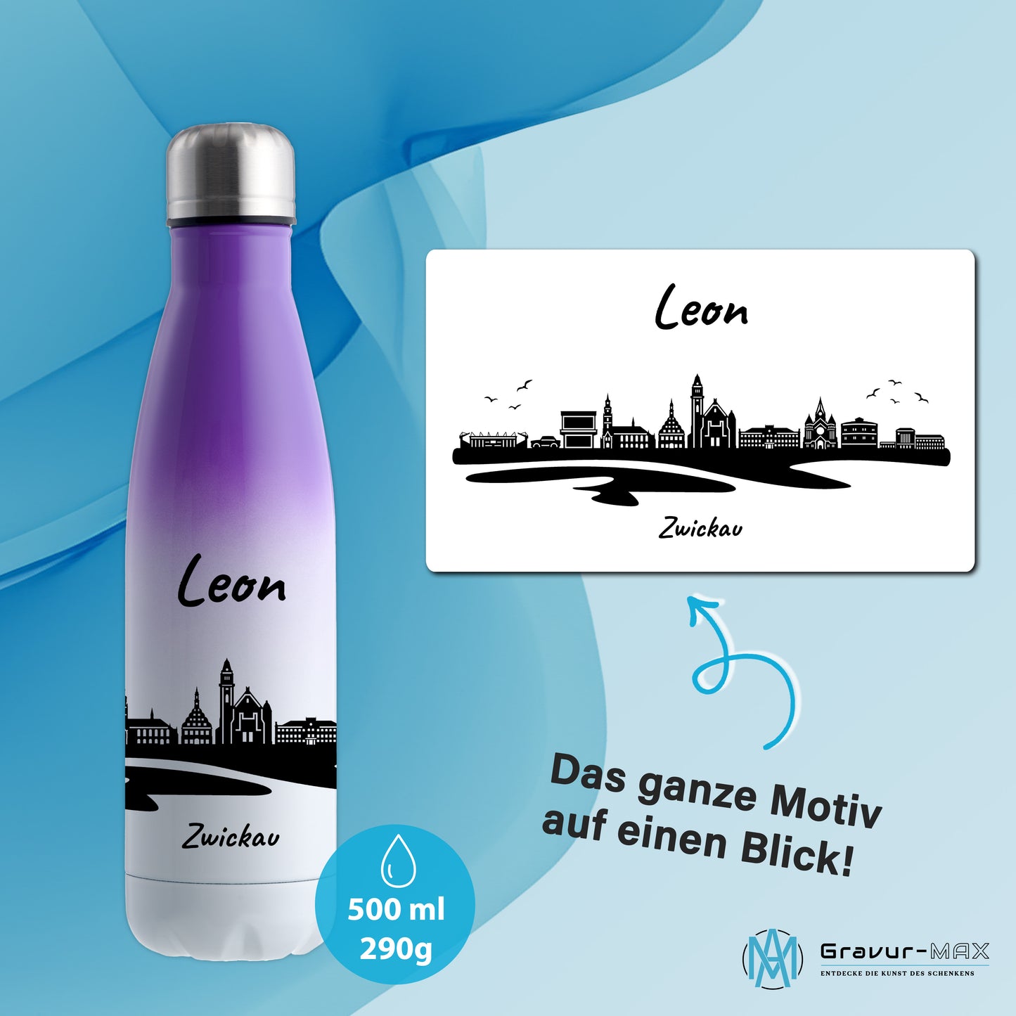 Trinkflasche in Weiß/Violett 500ml aus Edelstahl bedruckt mit der Skyline von Zwickau personalisierbar mit Wunschname