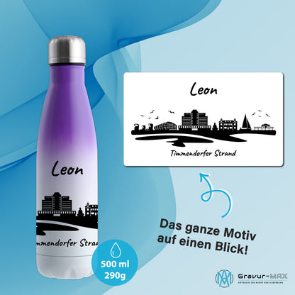 Trinkflasche in Weiß/Violett 500ml aus Edelstahl bedruckt mit der Skyline von Timmendorfer Strand personalisierbar mit Wunschname
