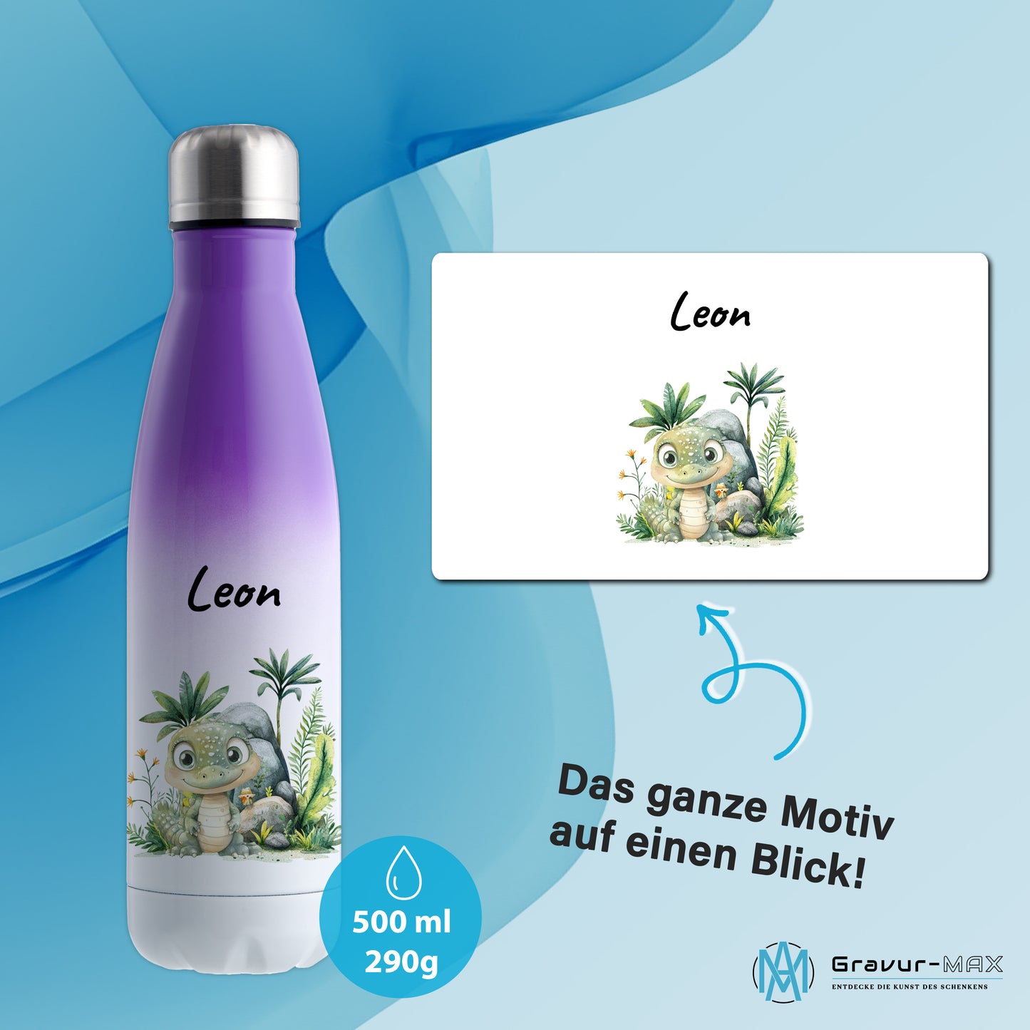 Trinkflasche mit Farbverlauf in Weiß/Violett 500ml aus Edelstahl bedruckt mit Dschungel Tieren"Krokodil" personalisierbar für Kinder mit Wunschname