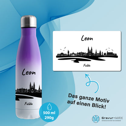 Trinkflasche in Weiß/Violett 500ml aus Edelstahl bedruckt mit der Skyline von Fulda personalisierbar mit Wunschname