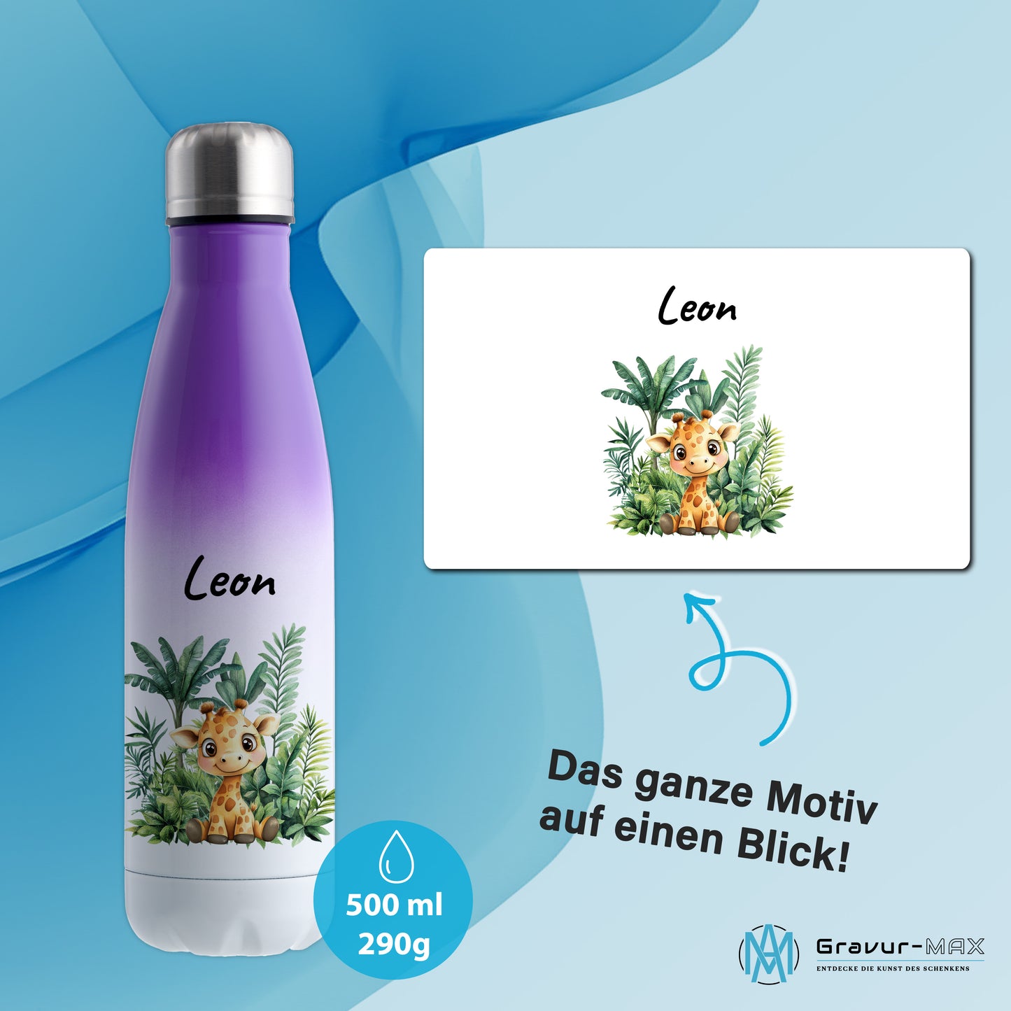 Trinkflasche mit Farbverlauf in Weiß/Violett 500ml aus Edelstahl bedruckt mit Dschungel Tieren"Giraffe" personalisierbar für Kinder mit Wunschname