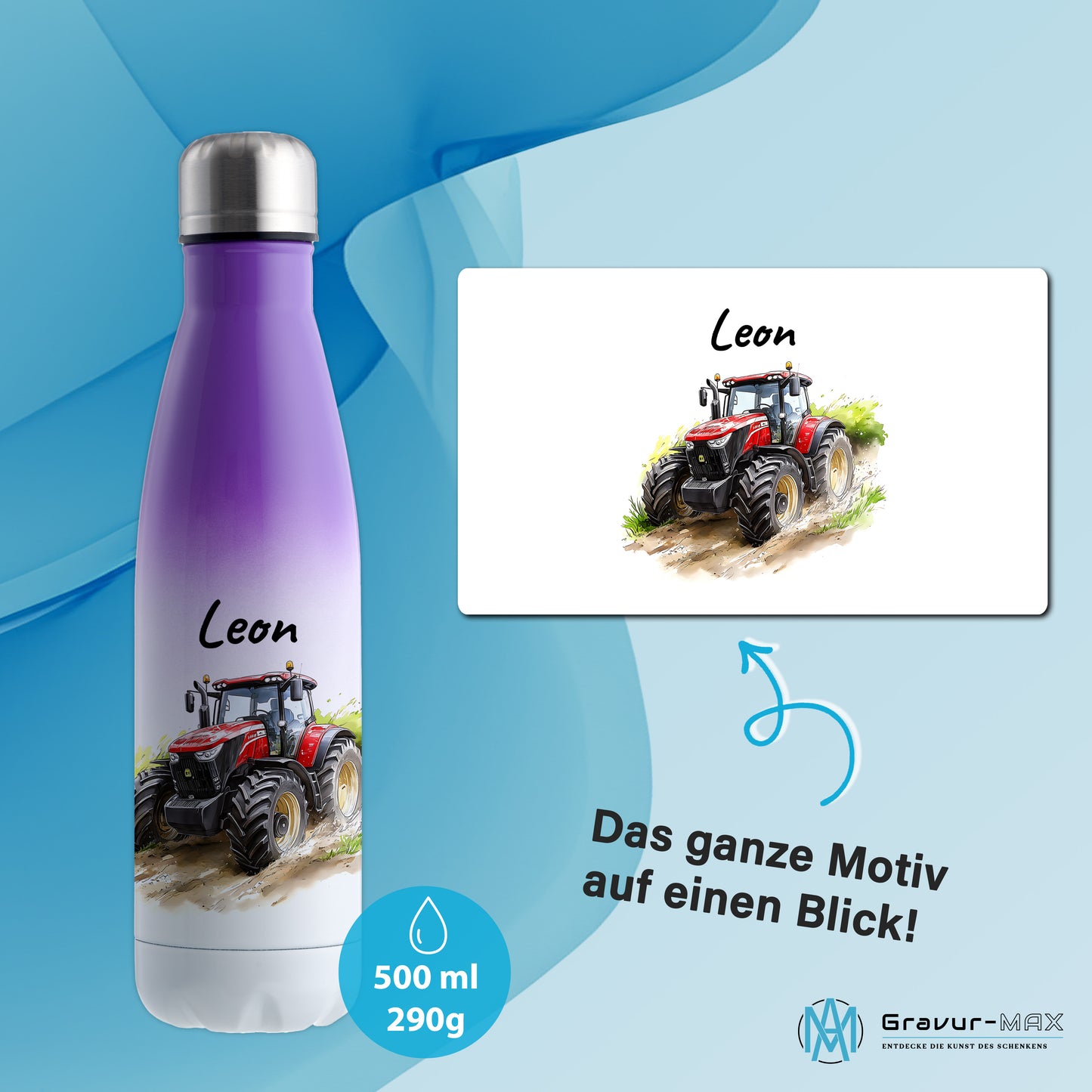 Thermoflasche 500ml in Weiß/Violett bedruckt mit tollen Motiven für Kinder "Traktor" personalisierbar mit Wunschname