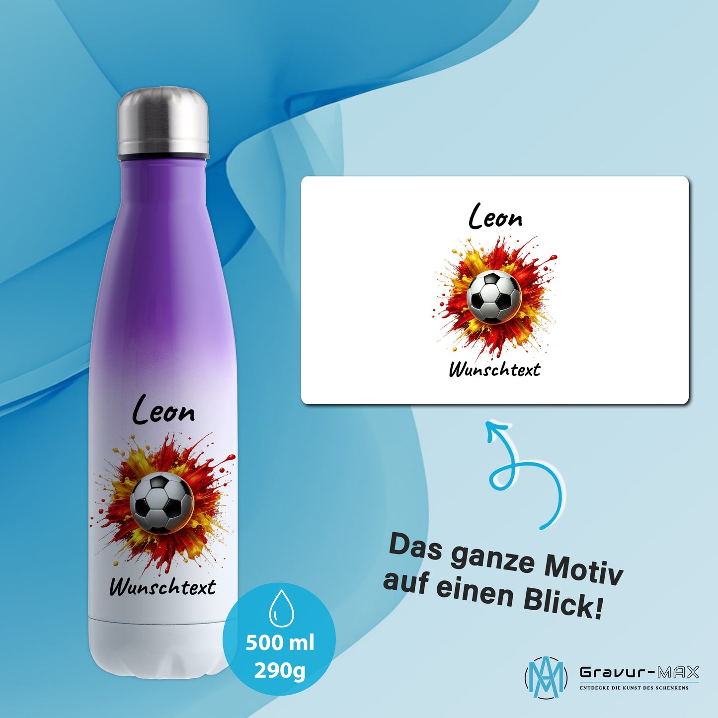 Thermoflasche 500ml in Weiß/Violett aus Edelstahl bedruckt "Fußball" Motiv9 personalisierbar mit Wunschname & Text