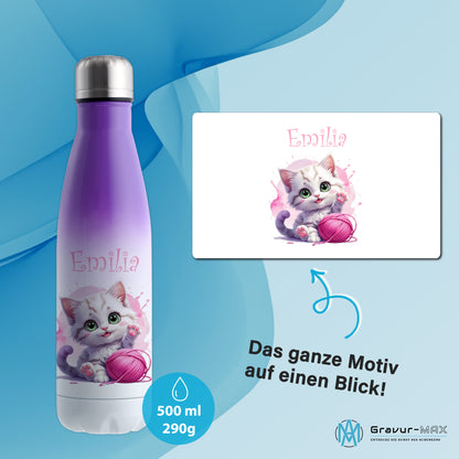 Trinkflasche in Weiß/Violett 500ml aus Edelstahl bedruckt mit niedlichen Tieren "Katze" personalisierbar für Kinder mit Wunschname