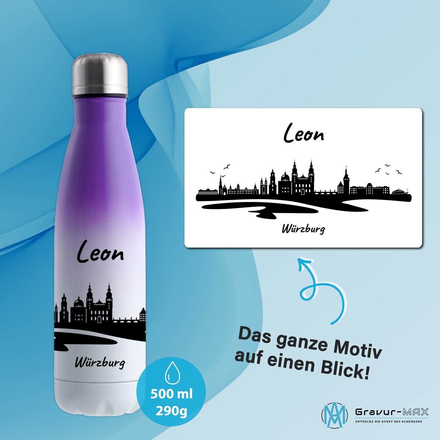 Trinkflasche in Weiß/Violett 500ml aus Edelstahl bedruckt mit der Skyline von Würzburg personalisierbar mit Wunschname