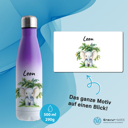 Trinkflasche mit Farbverlauf in Weiß/Violett 500ml aus Edelstahl bedruckt mit Dschungel Tieren"Elefant" personalisierbar für Kinder mit Wunschname