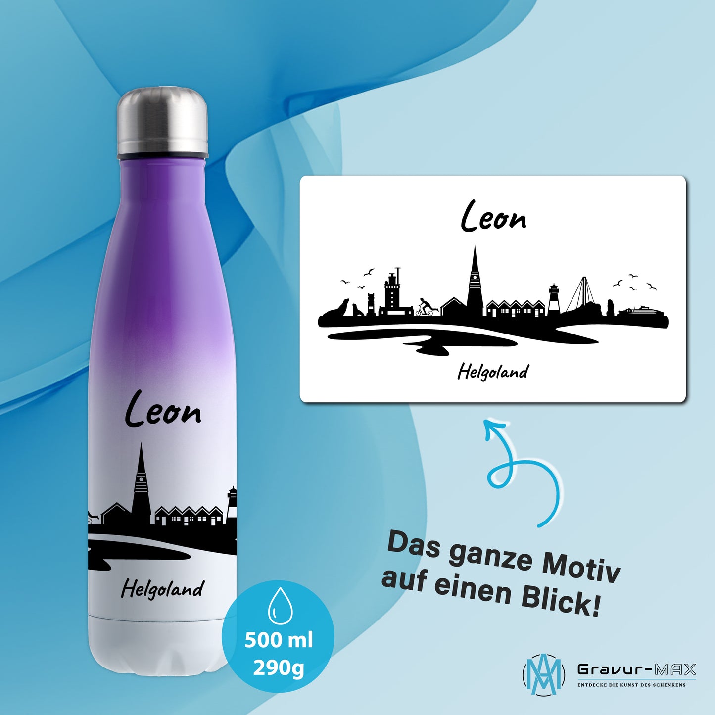 Trinkflasche in Weiß/Violett 500ml aus Edelstahl bedruckt mit der Skyline von Helgoland personalisierbar mit Wunschname