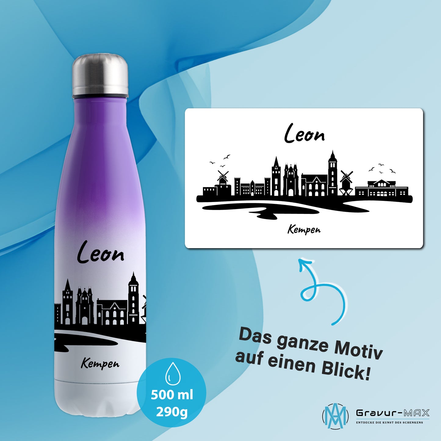 Trinkflasche in Weiß/Violett 500ml aus Edelstahl bedruckt mit der Skyline von Kempen personalisierbar mit Wunschname