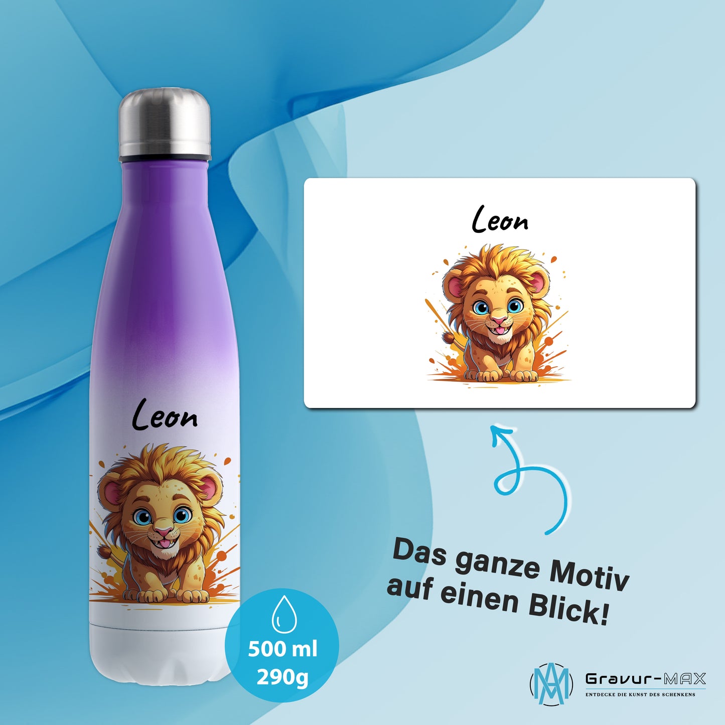 Trinkflasche in Weiß/Violett 500ml aus Edelstahl bedruckt mit niedlichen Tieren "Löwe" personalisierbar für Kinder mit Wunschname