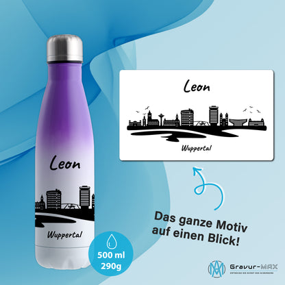 Trinkflasche in Weiß/Violett 500ml aus Edelstahl bedruckt mit der Skyline von Wuppertal personalisierbar mit Wunschname
