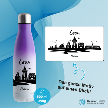 Trinkflasche in Weiß/Violett 500ml aus Edelstahl bedruckt mit der Skyline von Husum personalisierbar mit Wunschname