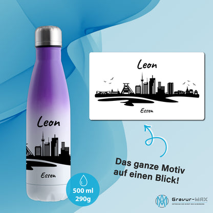 Trinkflasche in Weiß/Violett 500ml aus Edelstahl bedruckt mit der Skyline von Essen personalisierbar mit Wunschname