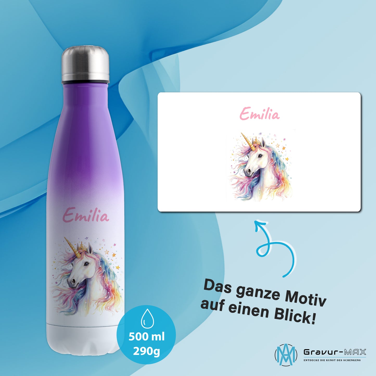 Thermoflasche 500ml in Weiß/Violett bedruckt mit tollen Motiven für Kinder "Einhorn" personalisierbar mit Wunschname