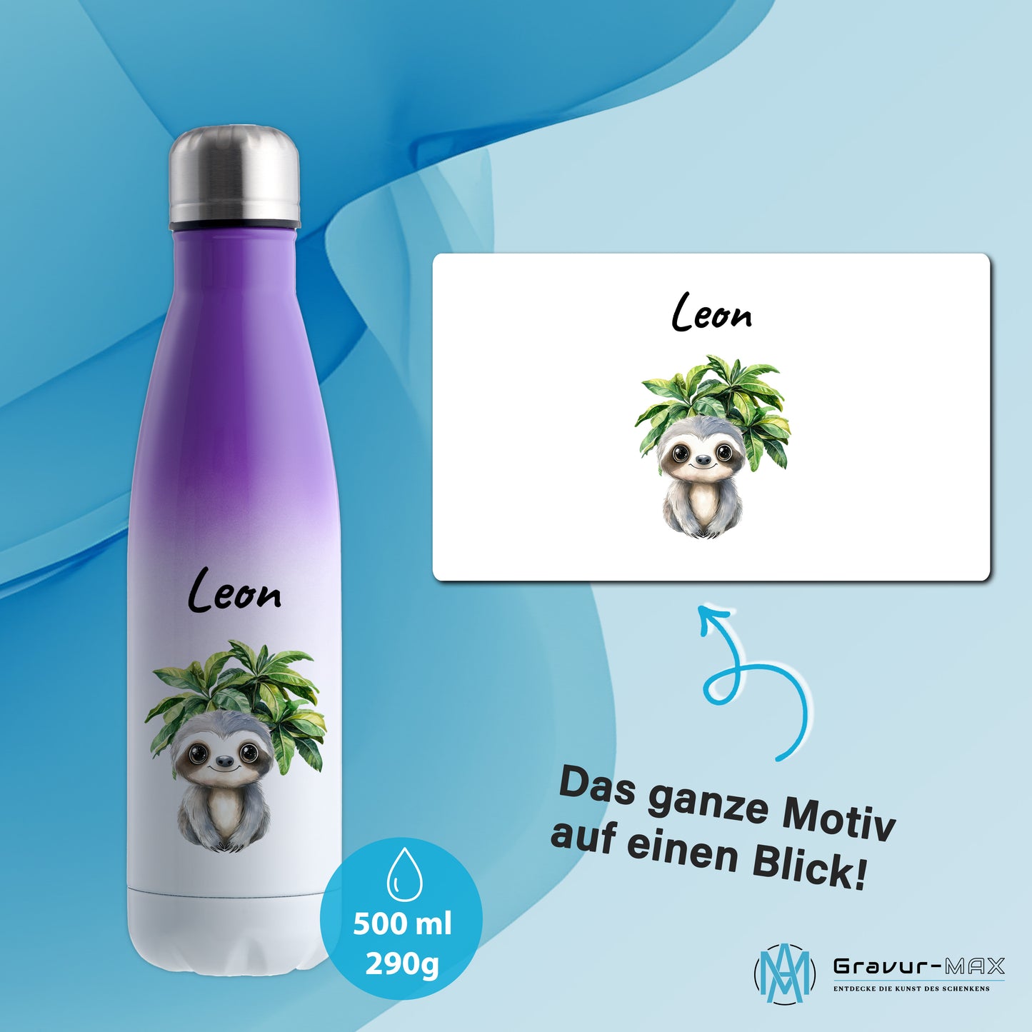 Trinkflasche mit Farbverlauf in Weiß/Violett 500ml aus Edelstahl bedruckt mit Dschungel Tieren"Faultier" personalisierbar für Kinder mit Wunschname