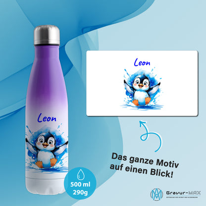 Trinkflasche in Weiß/Violett 500ml aus Edelstahl bedruckt mit niedlichen Tieren "Pinguin" personalisierbar für Kinder mit Wunschname