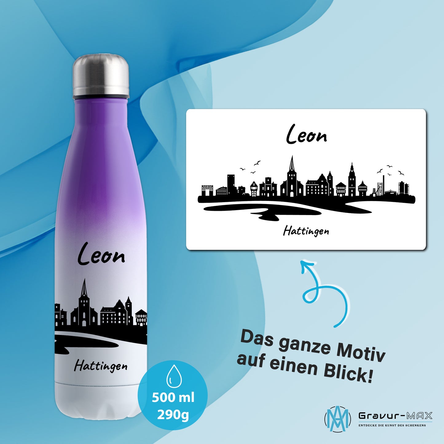 Trinkflasche in Weiß/Violett 500ml aus Edelstahl bedruckt mit der Skyline von Hattingen personalisierbar mit Wunschname
