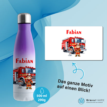 Thermoflasche 500ml in Weiß/Violett bedruckt mit tollen Motiven für Kinder "Feuerwehr" personalisierbar mit Wunschname
