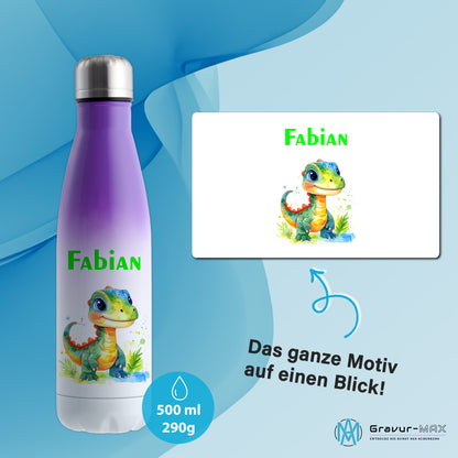 Thermoflasche 500ml in Weiß/Violett bedruckt mit tollen Motiven für Kinder "Dino Kinder" personalisierbar mit Wunschname