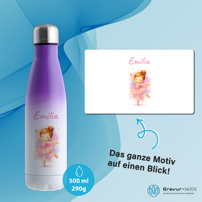 Thermoflasche 500ml in Weiß/Violett bedruckt mit tollen Motiven für Kinder "Ballerina" personalisierbar mit Wunschname