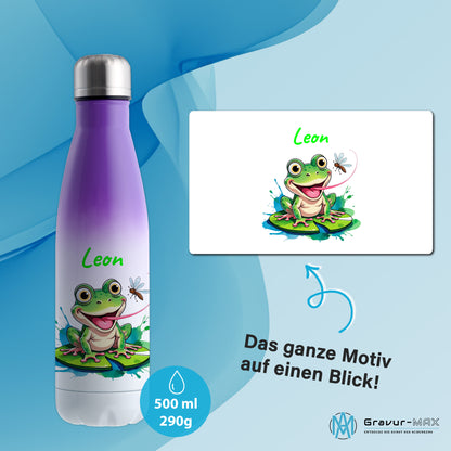Trinkflasche in Weiß/Violett 500ml aus Edelstahl bedruckt mit niedlichen Tieren "Frosch" personalisierbar für Kinder mit Wunschname