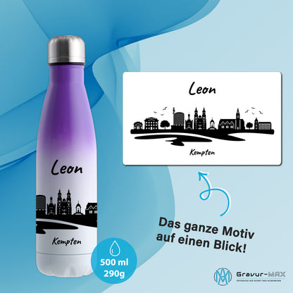 Trinkflasche in Weiß/Violett 500ml aus Edelstahl bedruckt mit der Skyline von Kempten personalisierbar mit Wunschname