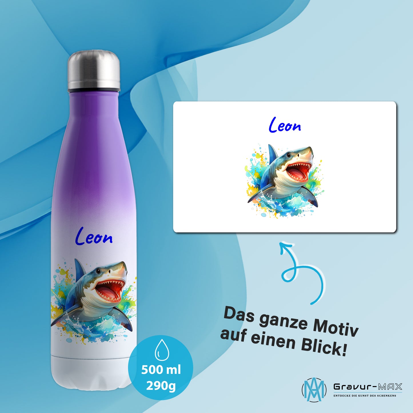Thermoflasche 500ml in Weiß/Violett bedruckt mit tollen Motiven für Kinder "Hai" personalisierbar mit Wunschname